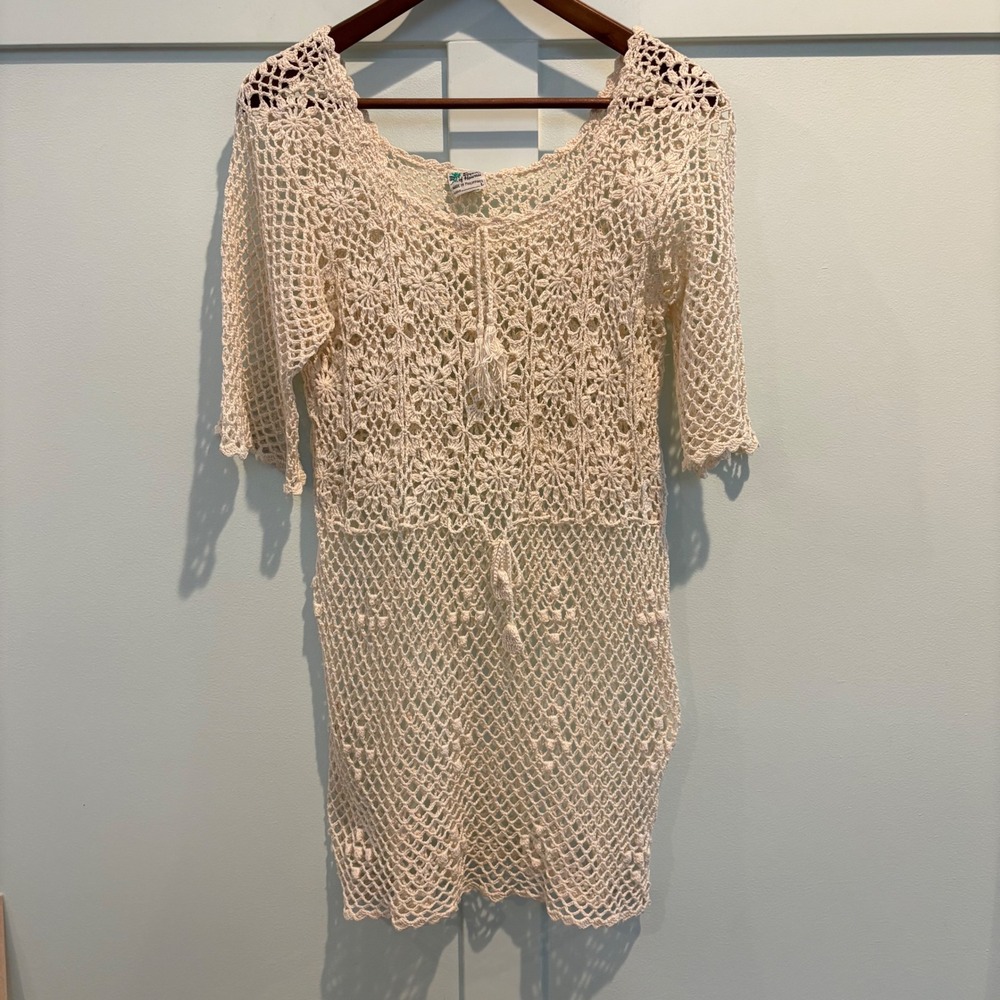 Vtg Foyen's of Hawaii Crochet Swim Cover Up Small Cream Boho Floral Mesh Tunic - Picture 2 of 11